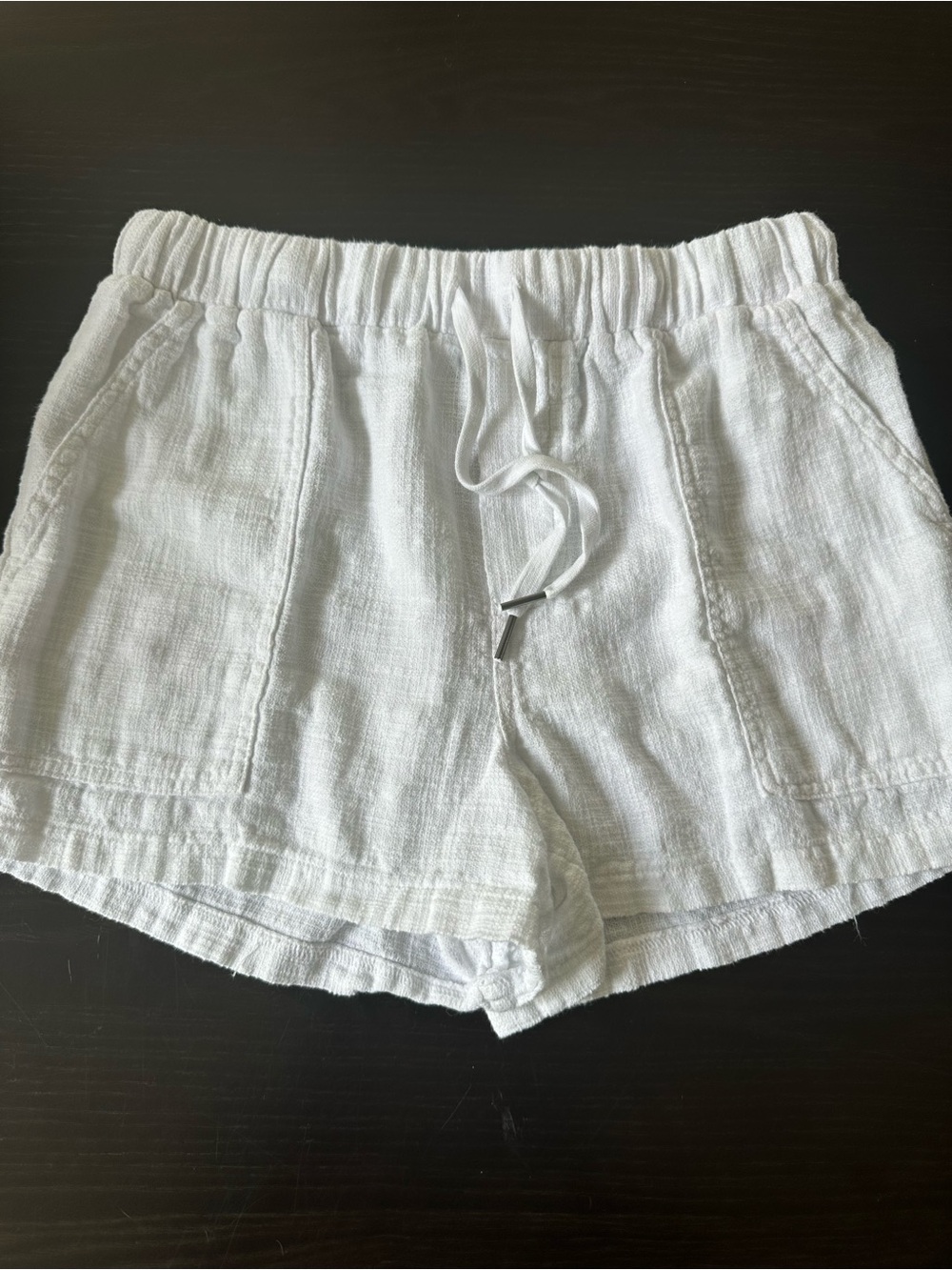 bobi White Linen-Blend Elastic Drawstring Shorts w Pockets
